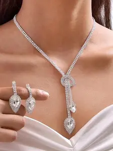 Women's Elegant Rhinestone Decorated Water Drop Design Necklace & Dangle Earrings, Exquisite Trendy Jewelry Set, Fashionable Jewelry Set for Party Decoration, Teardrop Jewelry Set