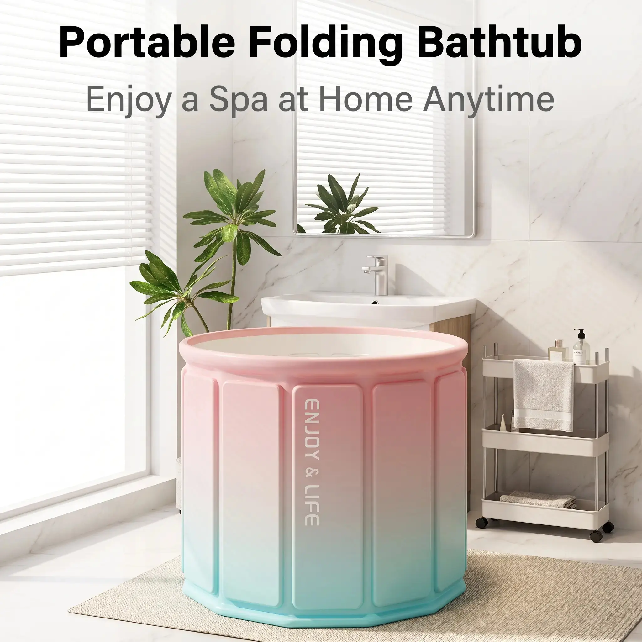 Gradient Foldable Bathtub for Adults, Collapsible Octagonal Deep Soaking Tub, Space Saving Portable Home Spa Bath Tub for Small Apartment, Pink Cyan Gradient
