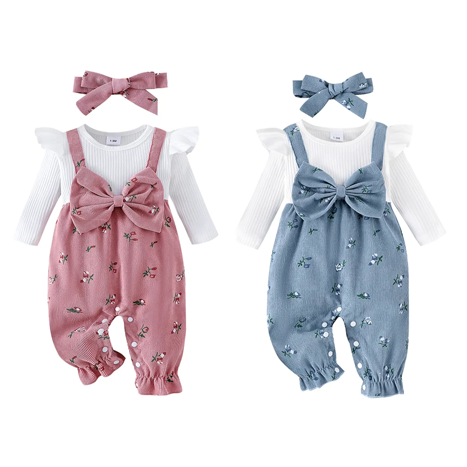 Infant Baby Girls Long Sleeve Romper Floral Print Fake Two Pieces Patchwork Bow Jumpsuits and Cute Headband Set