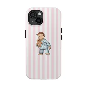 Curious George in Pajama Phone Case – Pink Striped Phone Cover for iPhone 16 15 14 13 12 11 Pro Max X & Galaxy S21–S25 | Curious George Holding Teddy Bear, Cute Pajamas Nighttime, Cartoon Monkey