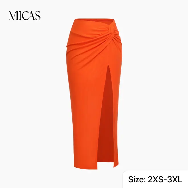 Women's High-Waist Soft Knit Side-Knot Midi Skirt with Side Slit