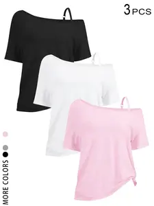3 Pack off Shoulder Oversized T-Shirts for Women, Y2K Aesthetic Asymmetrical Strap, Short Sleeve Slouchy Streetwear, Perfect for Daily Wear
