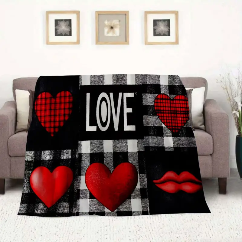 1Pc Winter Warm Glam Plaid Blanket - Red Black White Pink Checkered Hearts & Love Letters, Soft Beige-Compatible, Machine Washable, Valentine Gift, All-Season Use Sofa Throw Bed Cover, Christmas Gift for Women
