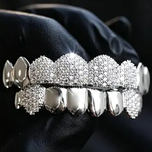 Hip Hop Style Teeth Grillz Set, Shiny Top & Bottom Design, Silvery Tone, Removable Moldable Accessory for Men & Women, Perfect for Parties, Cosplay & Streetwear, Stand Out with This Bold Statement Look