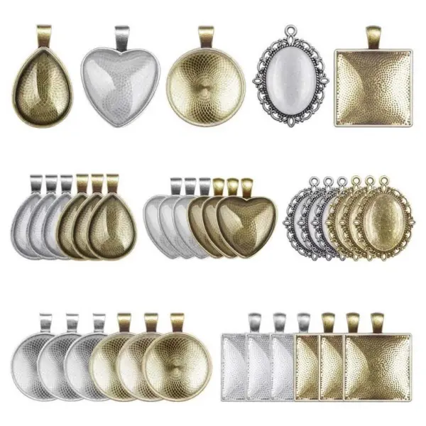 60Pcs Pendant Trays, Bezel Pendant Trays Blanks with Glass Cabochons for Pendants Making and Jewelry Making, 5 Styles