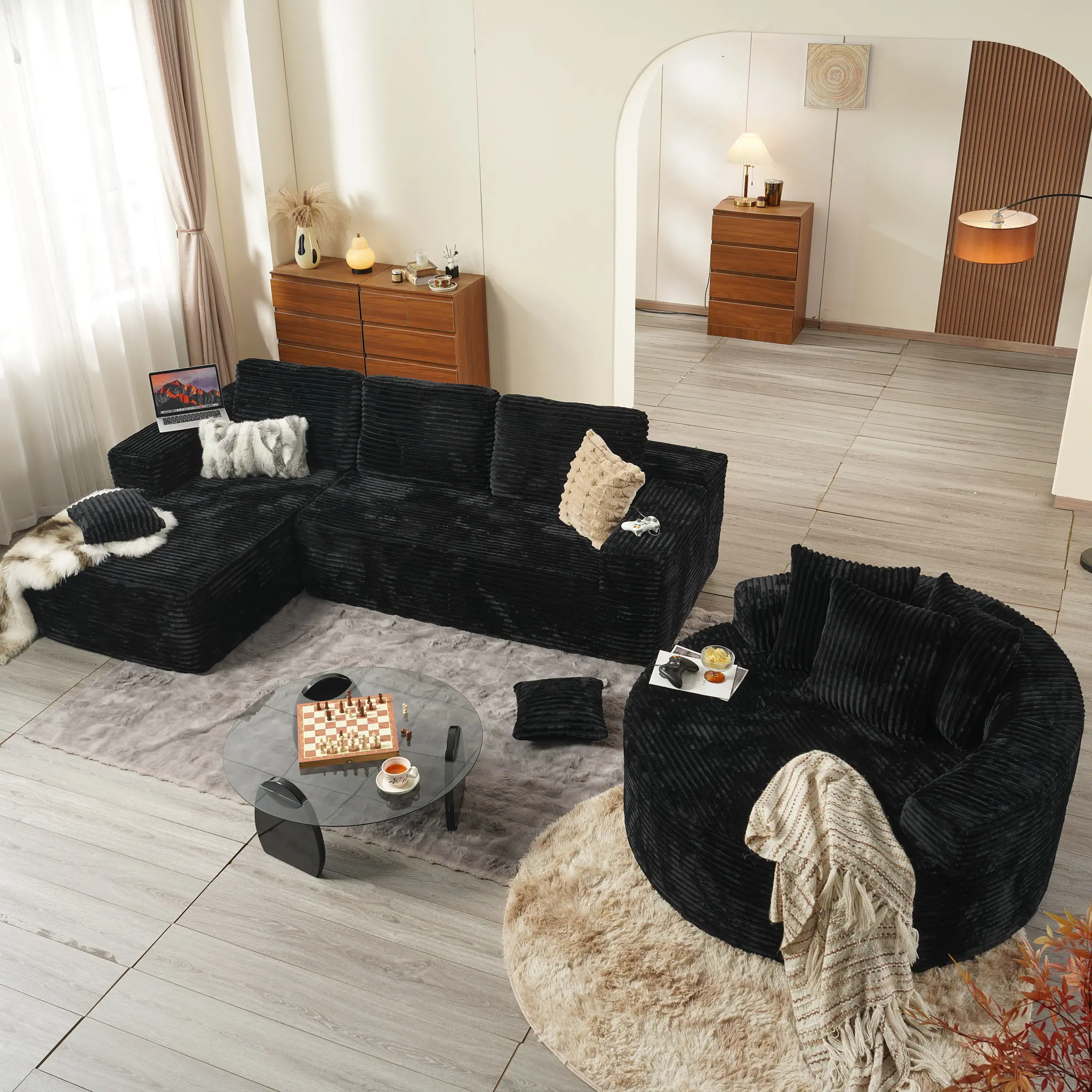 Black Plush Corduroy Left Chaise with Round Couch