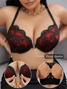 Colorblock Plus Size Bra, Lace Front Buckle Design, Sexy Comfortable Push Up, Geometric Patchwork, Max Support, Underwear