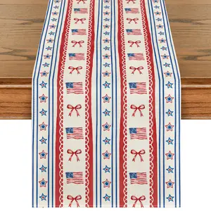 Star Stripes Bowknot, American Flag July 4th Table Runner, Memorial Day Home Party Kitchen Table Decor, Patriotic Decoration