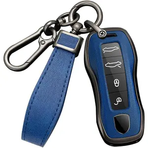 3 4 Button Key Fob Cover for Porsche 911 Cayenne Macan Panamera Taycan Accessories with Keychains Alloy PU Leather Smart Key Cover Protector-Black Blue