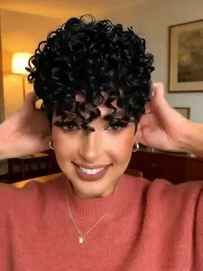 Short Textured Pixie Cut Wig Human Hair 10 Inch Curly Wave Machine Made Wigs for Women Daily Wear