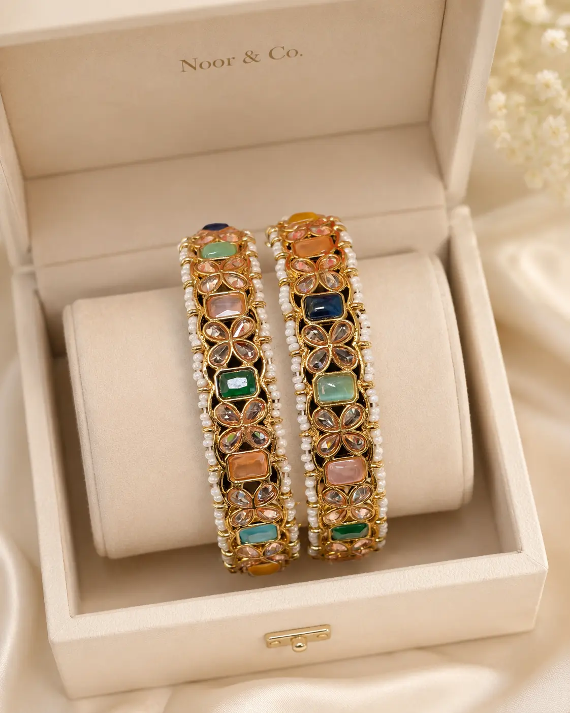 Multicolor Kundan Style Bangle Pair, Size 2.10, Gold Tone Bangles with Faux Pearl Border for Women, Pakistani Indian Wedding Mehndi Jewelry
