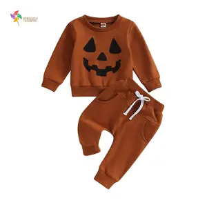 Toddler Boys Halloween Outfits Pumpkin Face Print Crew Neck Long Sleeve Sweatshirts and Long Pants 2Pcs Fall Clothes Set