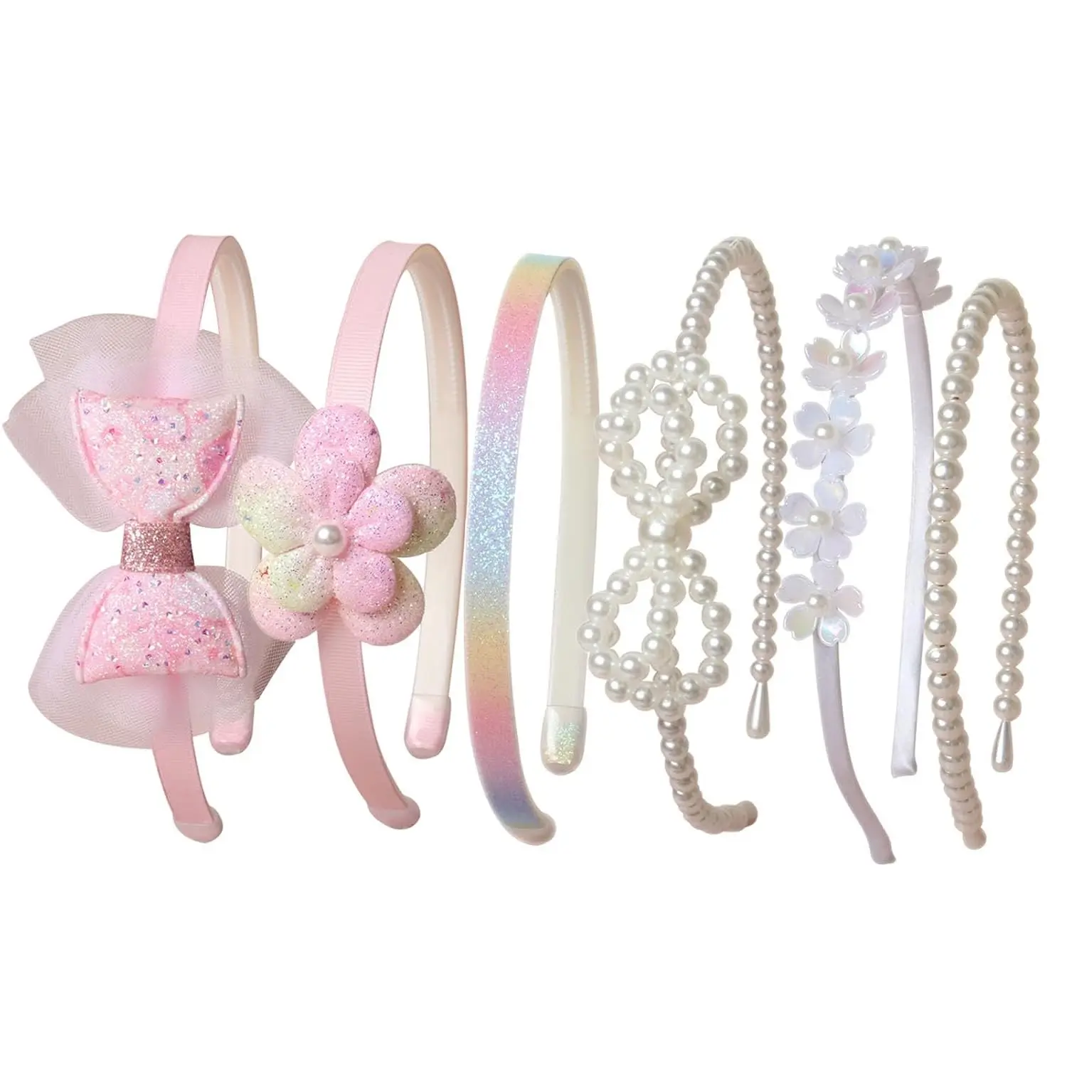 Pink Headbands for Girls Non Slip Floral Bow Headband Set 6 Pcs | Cute Sweet Pearl Head Band for Teens Glitter,Rainbow Pink Bow Headbands,Pink Hair Accessories for Girls Hair,Bow Headband Gift