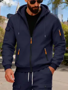 Men's Winter Heavyweight Fleece Fitted Hoodie, Casual Outdoor Long Sleeve Zipper Sweatshirt, American Style Workwear Pullover for Cold Weather