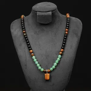 Money Attraction Necklace with Green Aventurine & Tiger Eye Pendant Healing Crystal Stone ,Wealth Abundance Crystal Jewelry Gift for Men Women