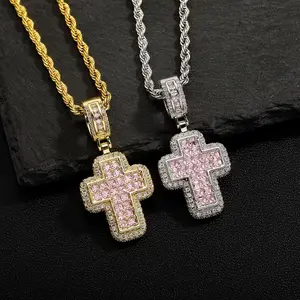 Hip-Hop Fashion T-Shaped Zircon Pink Cross Necklace, Unique European And American Street Style Accessory