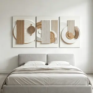 3-Piece Wabi-Sabi Geometric Wall Art Set, Neutral Abstract Triptych Prints, Wooden Framed Beige & White Modern Waterproof Home Decor Decoration for Living Room, Bedroom