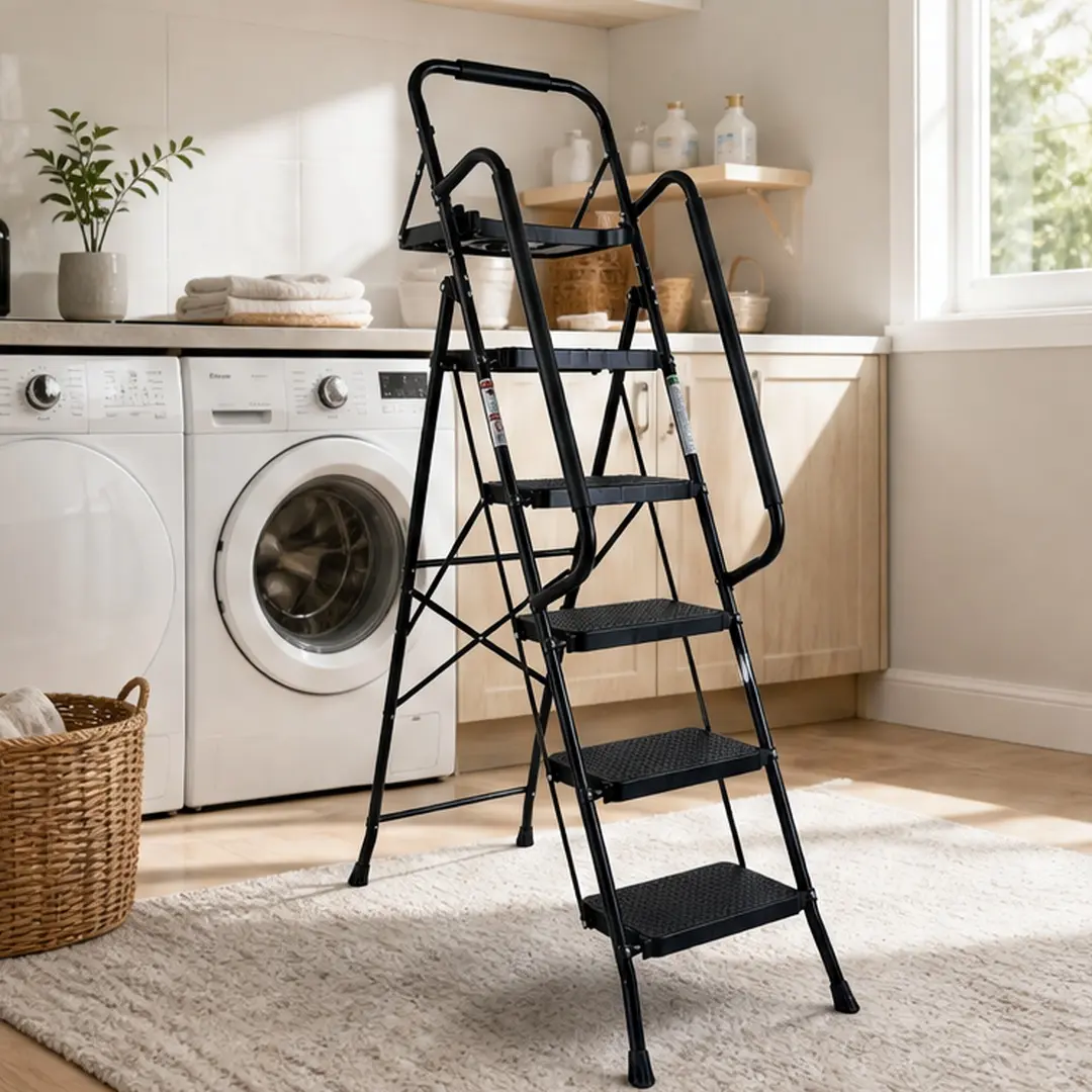 Heavy Duty 5-Step Folding Portable Collapsible Ladder, Sturdy Steel Frame, Anti-Slip Pedal, 500 lbs Capacity, Handrail, Tool Platform, for Home & Office, Black, 23.8 lb Weight, Ladders