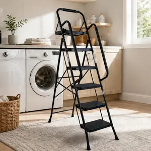 Heavy Duty 5-Step Folding Portable Collapsible Ladder, Sturdy Steel Frame, Anti-Slip Pedal, 500 lbs Capacity, Handrail, Tool Platform, for Home & Office, Black, 23.8 lb Weight, Ladders