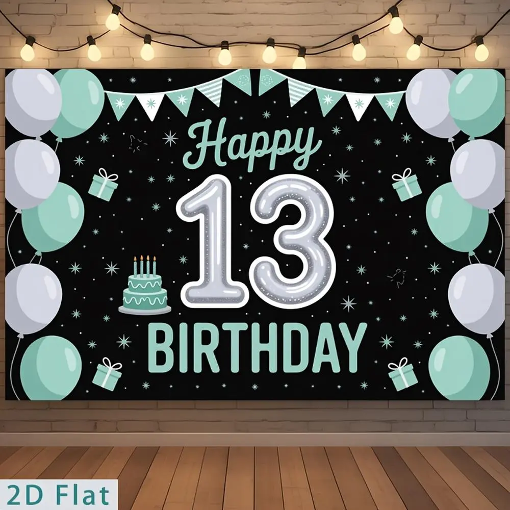 1pc Printed 2D Flat Polyester Banner - Glitter Theme 13th Happy Birthday Backdrop with Black Mint Balloon Gift Cake Design, Party Decor for Home & Festive Party Supplies