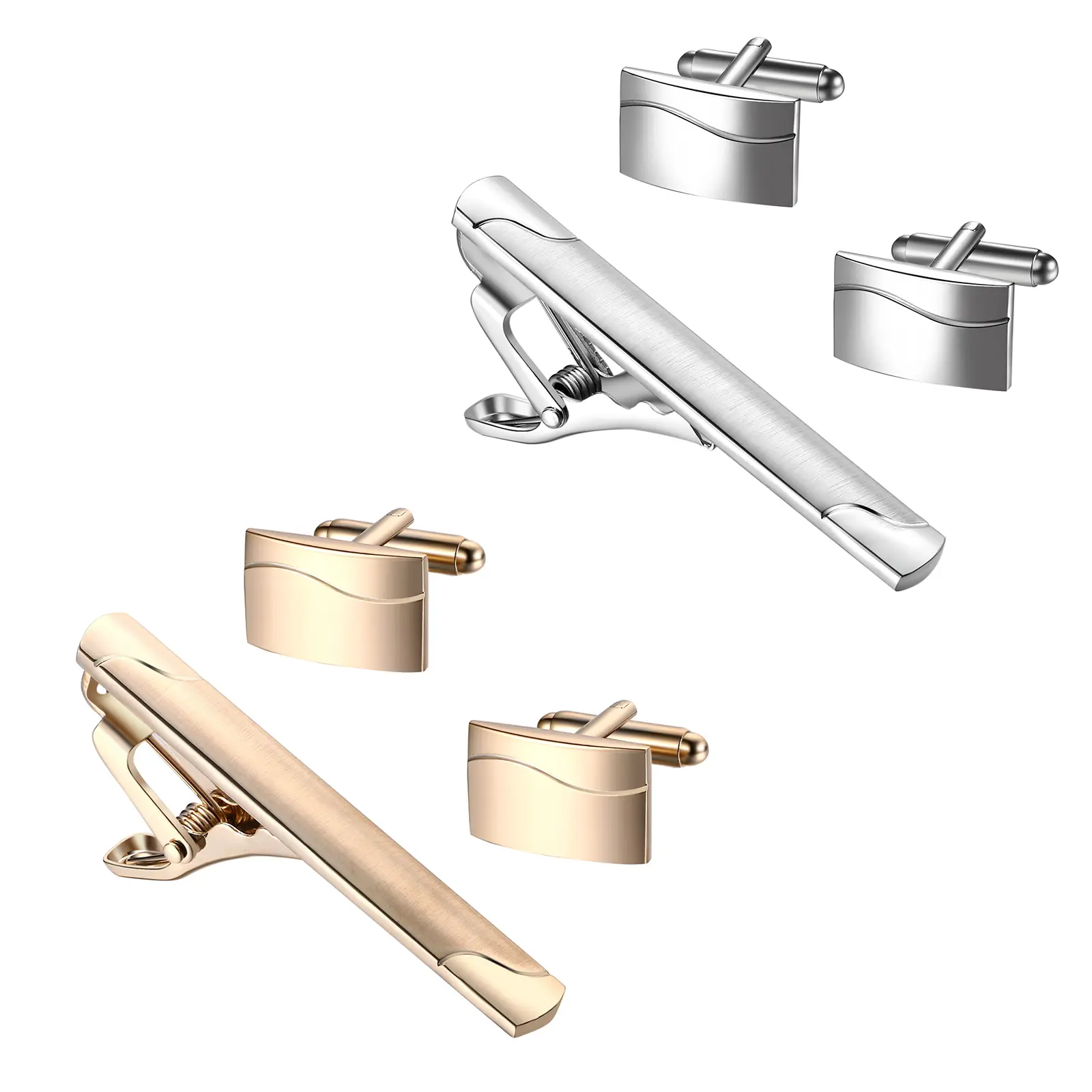OIDEA Unisex Classic High-Polish Silver Brass Cufflinks & Classical Tie Clips & Pins Set - Rounded Edges, Business Dress Shirt Accessory, Elegant Groom Wedding Gift, Father's Day, Brothers, Boyfriends, Anniversary, High-Polish Surface