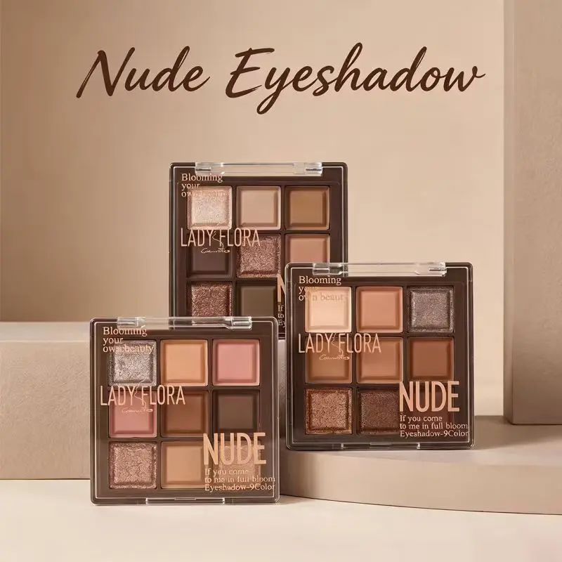 Lady Flora 9 Shades Nude Eyeshadow Palette, Matte Shimmer Neutral Eye Makeup Palette, Blendable Warm Brown Earth Tone Shadows, Long Lasting Daily Eye Cosmetic for Beginners