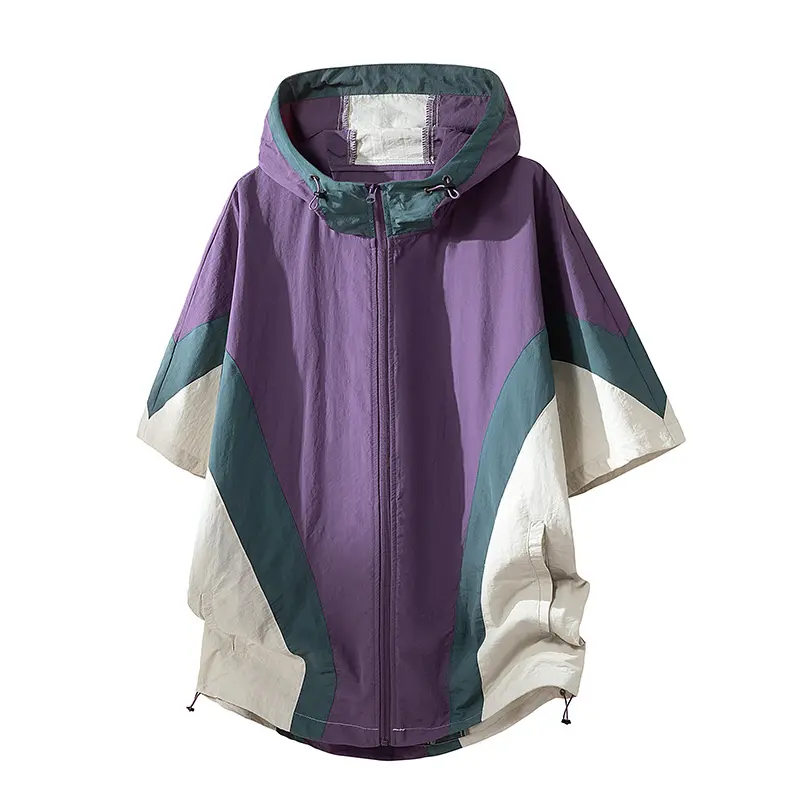 Men's Color Block Patchwork Jacket, Casual Short Sleeve Hooded Top with Full-Zip, Lightweight Sun Protection for Summer