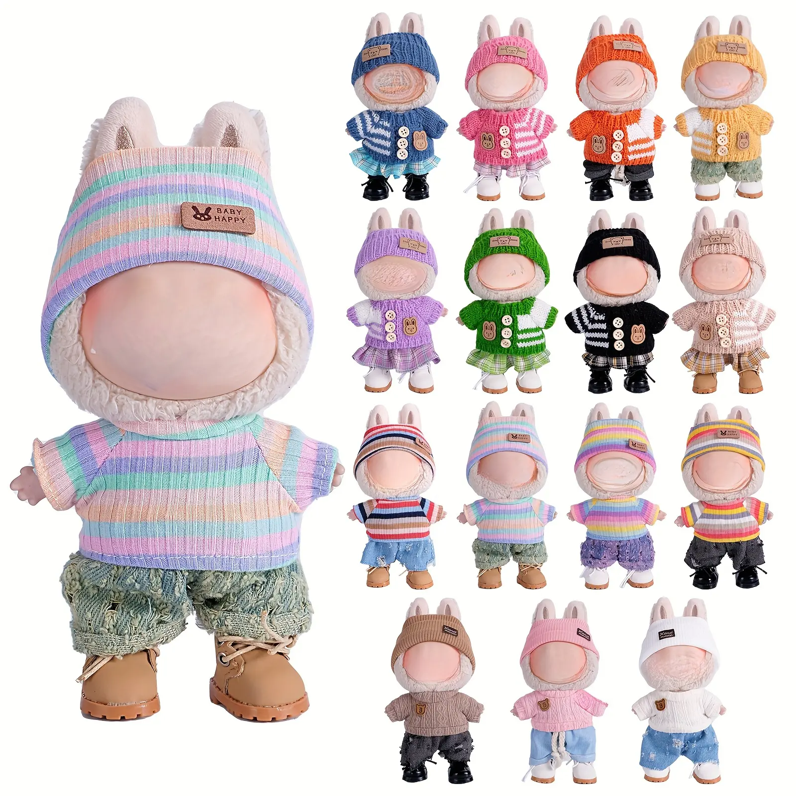 6.69inch Labubu Doll Clothes for buLabu with 3 Outfits - Stylish Fisherman Hat & Sweaters & Pants or skirt Set for 6.69inch Dolls, Adorable buLabu Accessories for Play & Display (Not Included shoes & Doll)