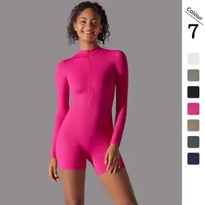 2026 New Women Solid Color Zippered Neckline Tight Fitting High Elasticity One Piece Sports Fitness Running Three Point Shorts Yoga Outfit