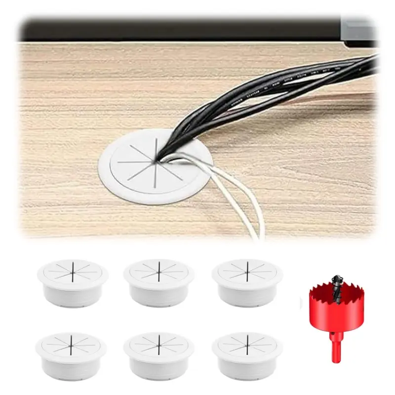 6pcs White Cable Grommet Hole Covers - Detachable Snap-Fit Cord Organizers, Durable ABS Plastic, 22mm Height 50mm Diameter, Ideal for Desk - Home Office Cable Management to Organize Cords, Detachable Cover