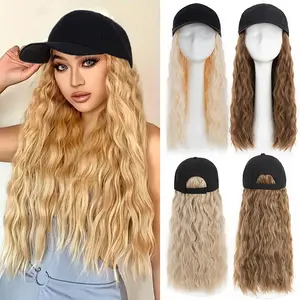 16in Hat Wigs For Women Baseball Cap With Hair Extensions Long Wavy Curly Black Hat Wig Adjustable Hat With Hair Comfortable And Stylish Hat With Hair Attached For Women Blonde Christmas Daily Wear
