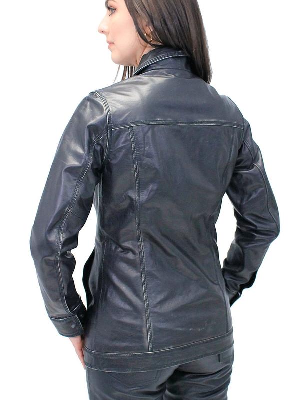 JAMIN LEATHER® Vintage Black Women's Long Leather Jean Jacket #LA2010LZK - Premium Soft Buffalo Leather, Dual Concealed Pockets, Snap Front, Minimalist Design, Available in Sizes S-5X