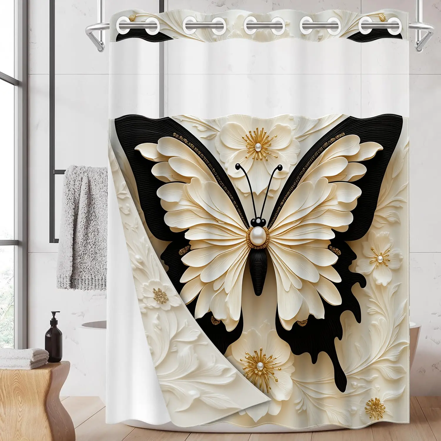 1pc hookless Floral shower curtain with grommets and liner, butterfly flower design 2D printing, fabric waterproof liner shower curtain with window, double-layer shower curtain, 71 x 74 inches, Decorative shower curtain, home decor