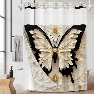 1pc hookless shower curtain with grommets and liner, butterfly flower decorative design 2D flat printing, fabric waterproof liner shower curtain with window, double-layer shower curtain, 71 x 74 inches, modern home curtain decor, Bathroom Curtain