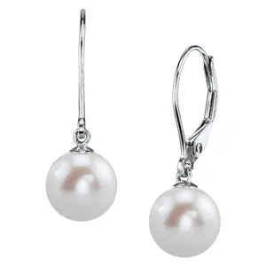 THE PEARL SOURCE AAAA Quality White Round Freshwater Cultured Pearl Hypoallergenic Earrings for Women | 14K Gold Leverbacks Earring | White Gold | 7.0-7.5mm