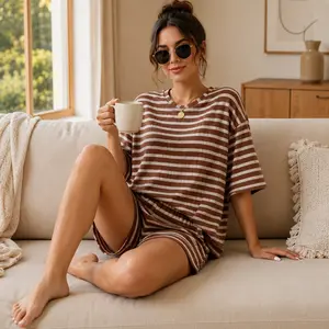 Daily Wear Striped Knit Suit Loose Casual T-shirt Shorts Ladies Home Loungewear
