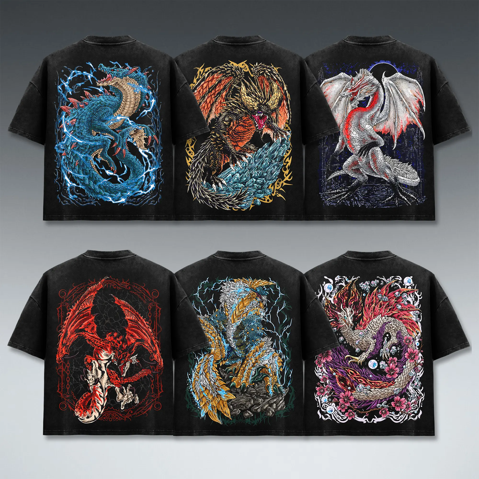 [COLLECTION] Monster Hunter Game T-Shirt, Lagiacrus Nergigante Rathalos Zinogre Graphic Tee, Malzeno Magnamalo Vintage Black Wash Heavyweight Cotton, Oversized Drop Shoulder Streetwear, Wyvern Elder Dragon Gaming Fan Apparel