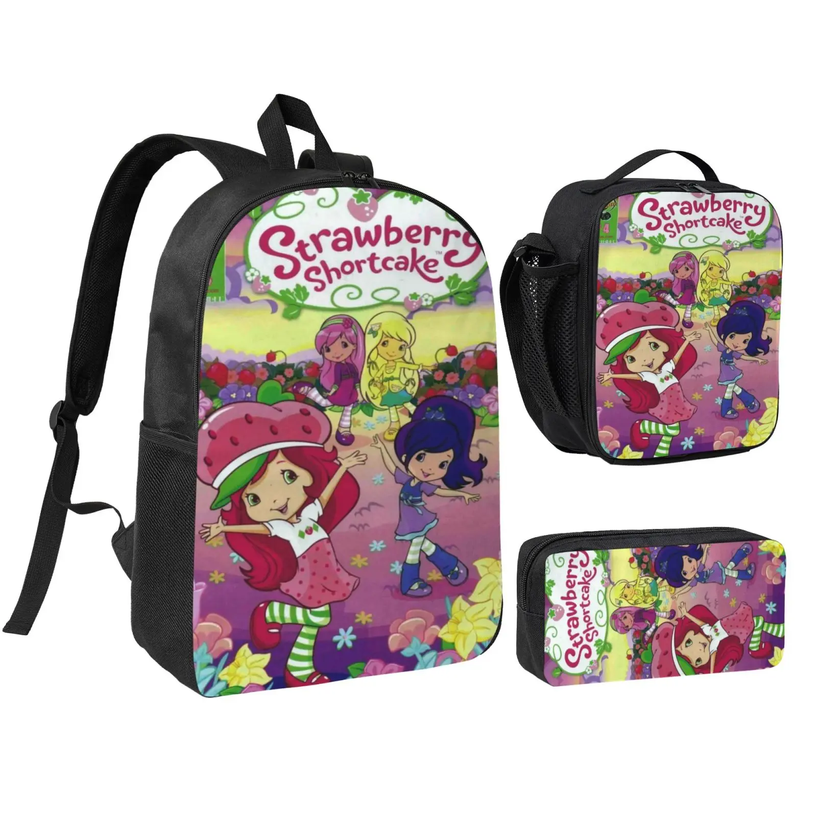 3-Piece Backpack Set for Girls & Teens, Casual Cartoon Strawberry Print School Bag with Insulated Lunch Box and Pencil Case, Durable Water-Resistant for Hiking, Boys, Backpacks For School, Unisex, Waterproof, Daily Commute, Large Capacity
