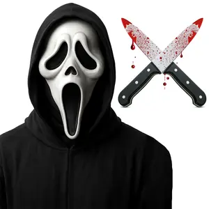 Screamer Ghost Hooded Mask + 2 Red Splash Plastic Knife Props | Scary Halloween Costume Set | Horror Cosplay Mask & Dual Knife Bundle | Creepy Killer Look for TikTok, Pranks & Parties | Halloween 2025 Scare Set Spooky