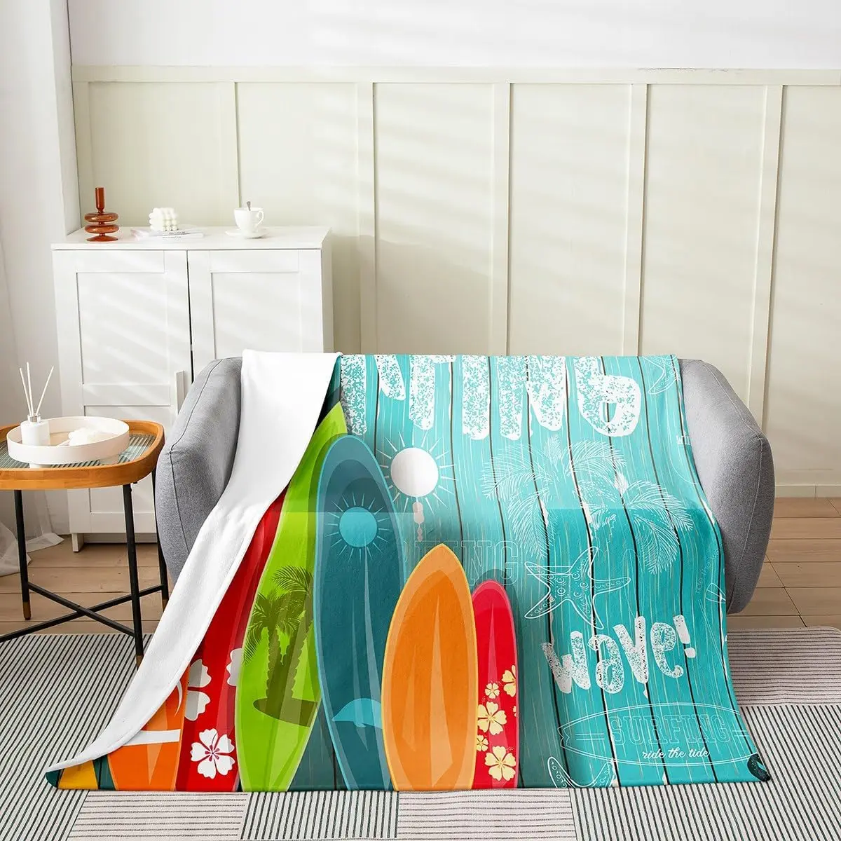 Feelyou Beach Themed Soft Plush Flannel Fleece Throw Blanket - 50"Lx60"W, Palm Tree & Surfboard Design, Washable for Summer Holiday Use, Hawaiian Beach Decor Bedding Accessory, Soft Throw Blanket, Washable Blankets