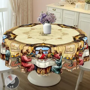 PLUMLIK Hanukkah Decor Retro Scene Print Polyester Fabric Round 60in Tablecloth Diameter for Thanksgiving Day Gatherings Indoor Outdoor Holiday Party Vintage Restaurant Banquet Decoration