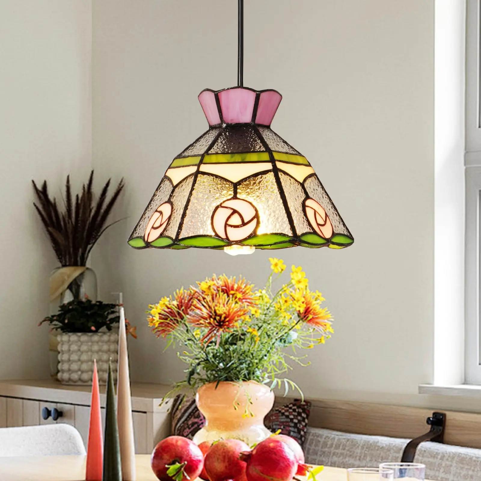 7.9" Tiffany Style Stained Glass Pendant Light, Pink Rose Bud Adjustable Hanging Lamp for Kitchen & Dining Room