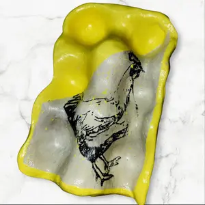 Handmade Ceramic Egg Holder with Chicken Design and Yellow Trim Unique Kitchen Accessory