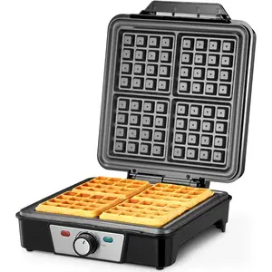 Belgian Waffle Maker 4 Slices 1200W Anti-Overflow Waffle Iron with Browning Knob Nonstick Plates Indicator Lights Available in Black Silver
