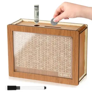 10000 Savings Challenge Wooden Money Box for Adults & Kids Large Cash Vault Piggy Bank with Counter Dry Erase Pen Reusable Coin and Cash Savings Bank Ornaments Decor