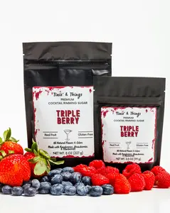 Triple Berry Premium Sugar Rimmer. Gluten-free, all natural, real fruit, no artifiical colors, flavors, or additives.