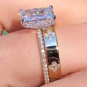 2-Piece Square Flower Cubic Zirconia Ring Set - Ladies' Engagement, Wedding & Anniversary Ring, Luxury Daily Wear Gift