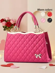 Elegant Women's Bow Handbag, Fashion Rhombus PU Leather Texture, Zipper Crossbody Bag, Adjustable Strap, All Seasons Casual Style