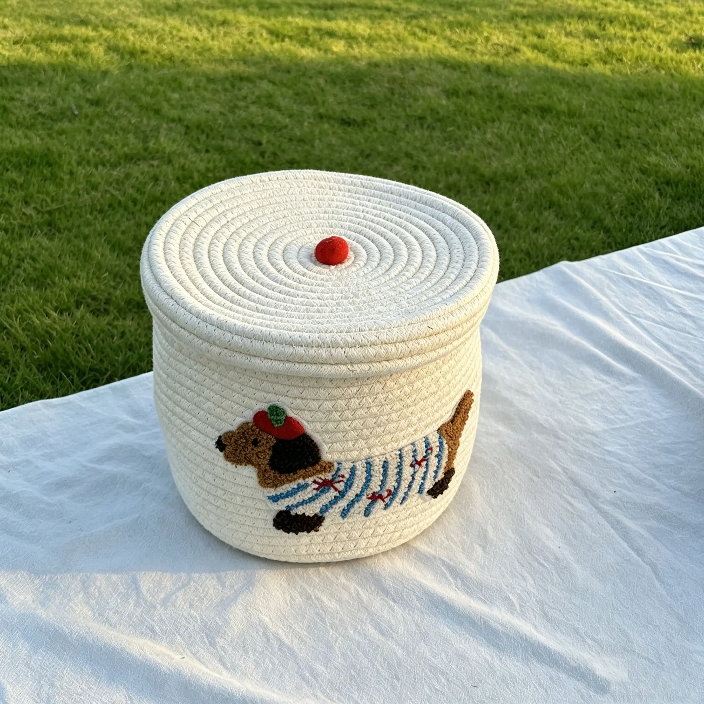 1pc Cute Rope Woven Storage Basket, Decorative Baskets, Cartoon Puppy Pattern Home Items Storage Bin Large Capacity Dust-Proof With Lid Birthday Gift for Girls Dormitory Supplies