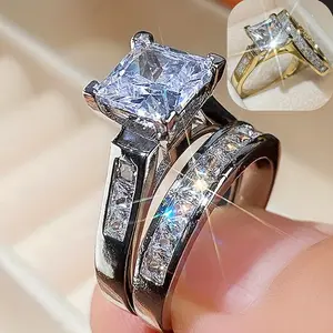 2pcs/set Fashion Couples Jewelry - Shiny Square Cubic Zirconia Wedding Ring Set - For Men & Women - Perfect for Anniversaries, Valentine's Day, Birthdays & Christmas - Ideal Gift for Couples